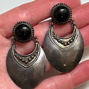Vintage Onyx Earrings Black Shield Dangle 925 Sterling Silver Teardrop Tribal